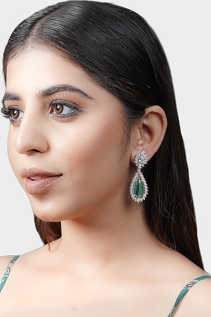 Silver Rhodium Finish Diamond Drop Earrings by Aura Trends at Pernia's Pop Up Shop