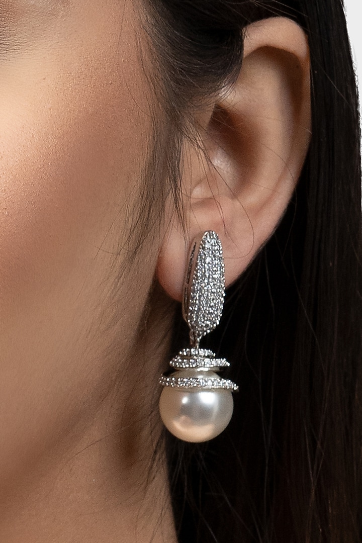 Silver Rhodium Finish Diamond Stud Earrings by Auraa Trends