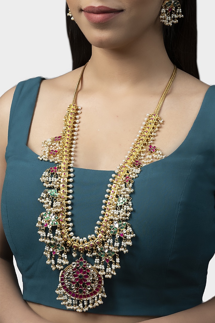 Gold Finish Multi-Colored Kundan Polki Long Necklace Set by Auraa Trends at Pernia's Pop Up Shop