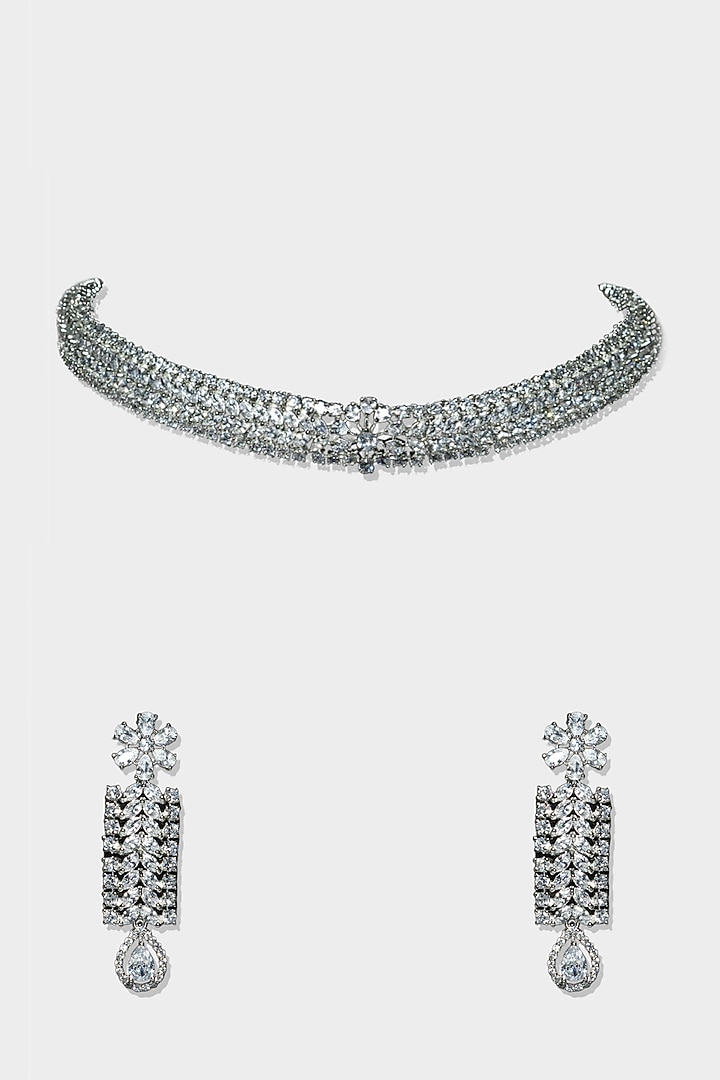 White Finish Diamond Choker Necklace Set Design by Auraa Trends at
