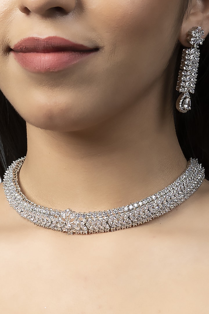 White Finish Diamond Choker Necklace Set by Auraa Trends at Pernia's Pop Up Shop
