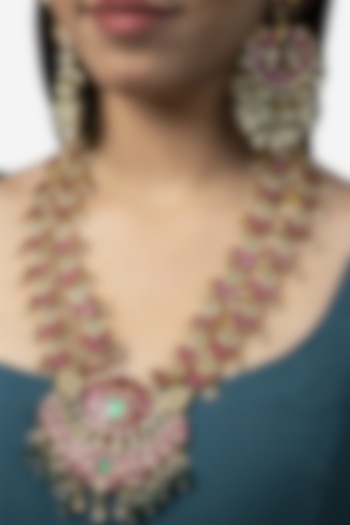 Gold Finish Red Kundan Polki Long Necklace Set by Auraa Trends at Pernia's Pop Up Shop