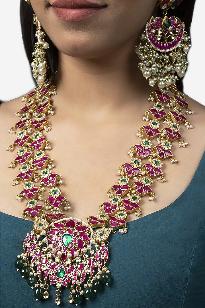 Gold Finish Red Kundan Polki Long Necklace Set by Auraa Trends at Pernia's Pop Up Shop