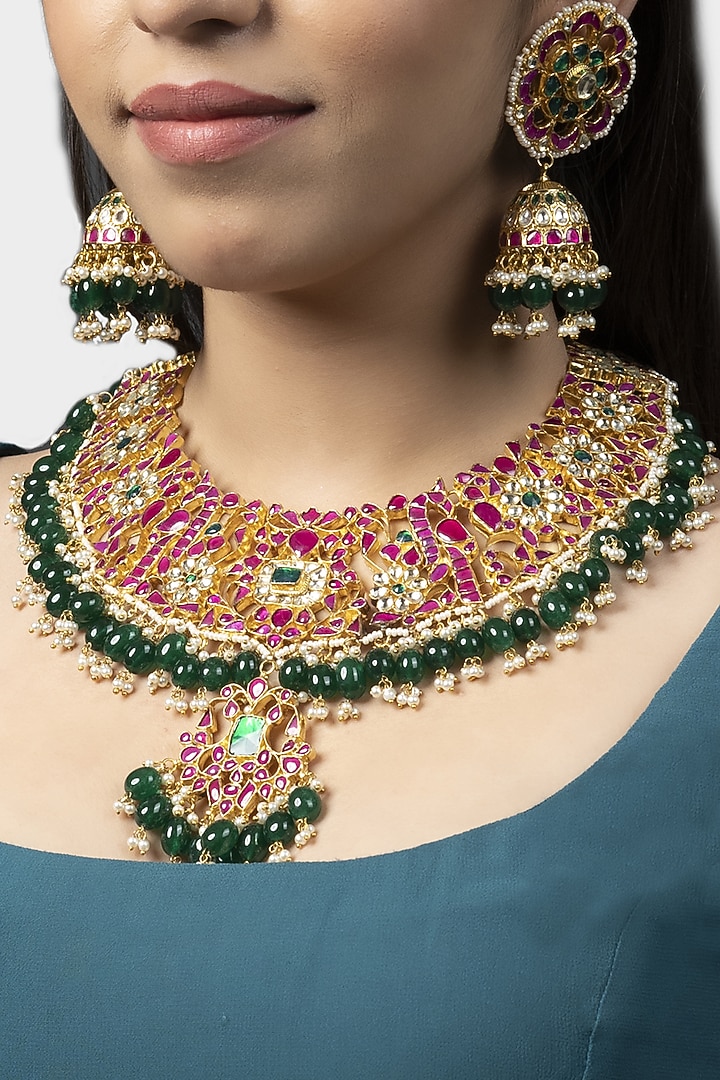 Gold Finish Multi-Colored Choker Necklace Set by Auraa Trends at Pernia's Pop Up Shop