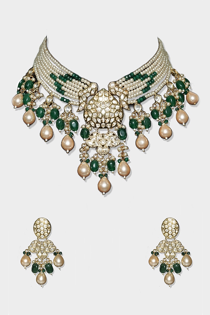 Gold Finish Green Kundan Polki Choker Necklace Set by Aura Trends at Pernia's Pop Up Shop