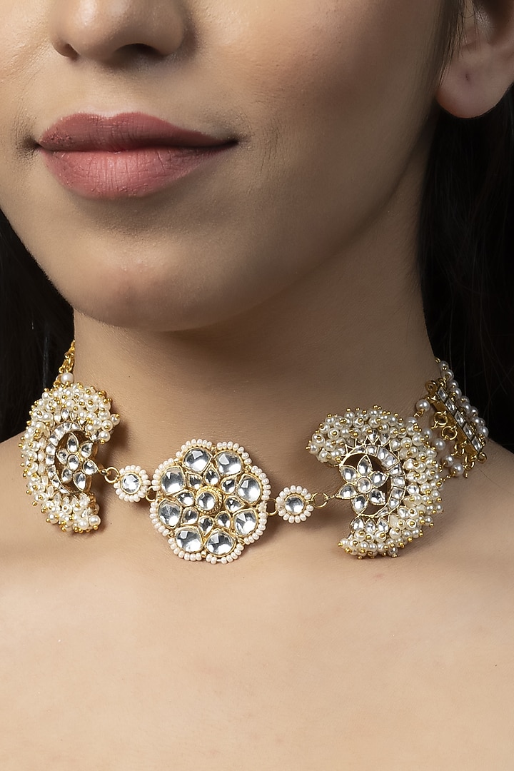 Gold Finish Kundan Polki & Pearl Choker Necklace by Aura Trends at Pernia's Pop Up Shop