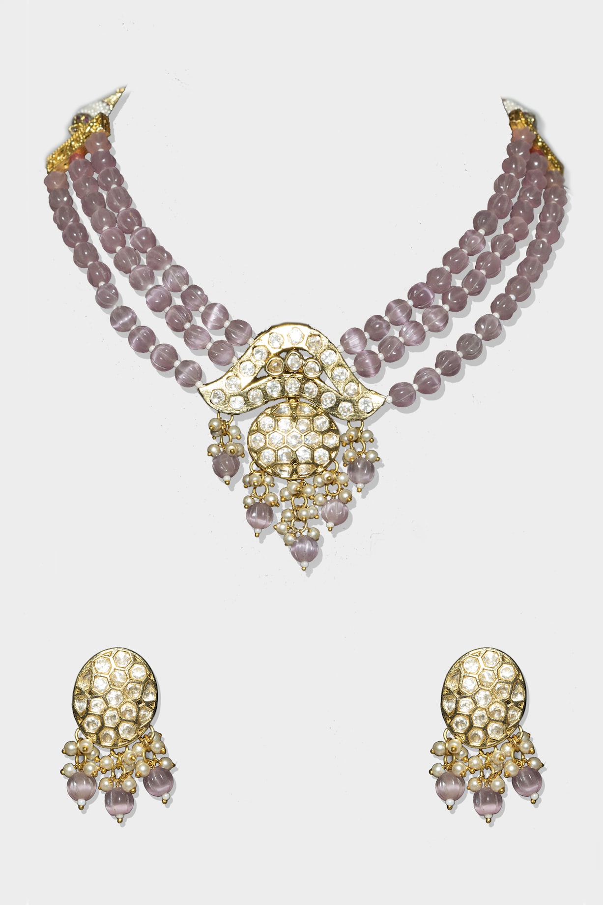 Gold Finish Purple Kundan Polki Necklace Set by Auraa Trends at