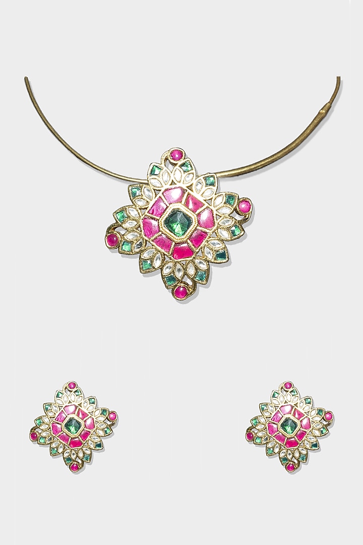 Gold Finish Pink Kundan Polki Necklace Set by Aura Trends at Pernia's Pop Up Shop