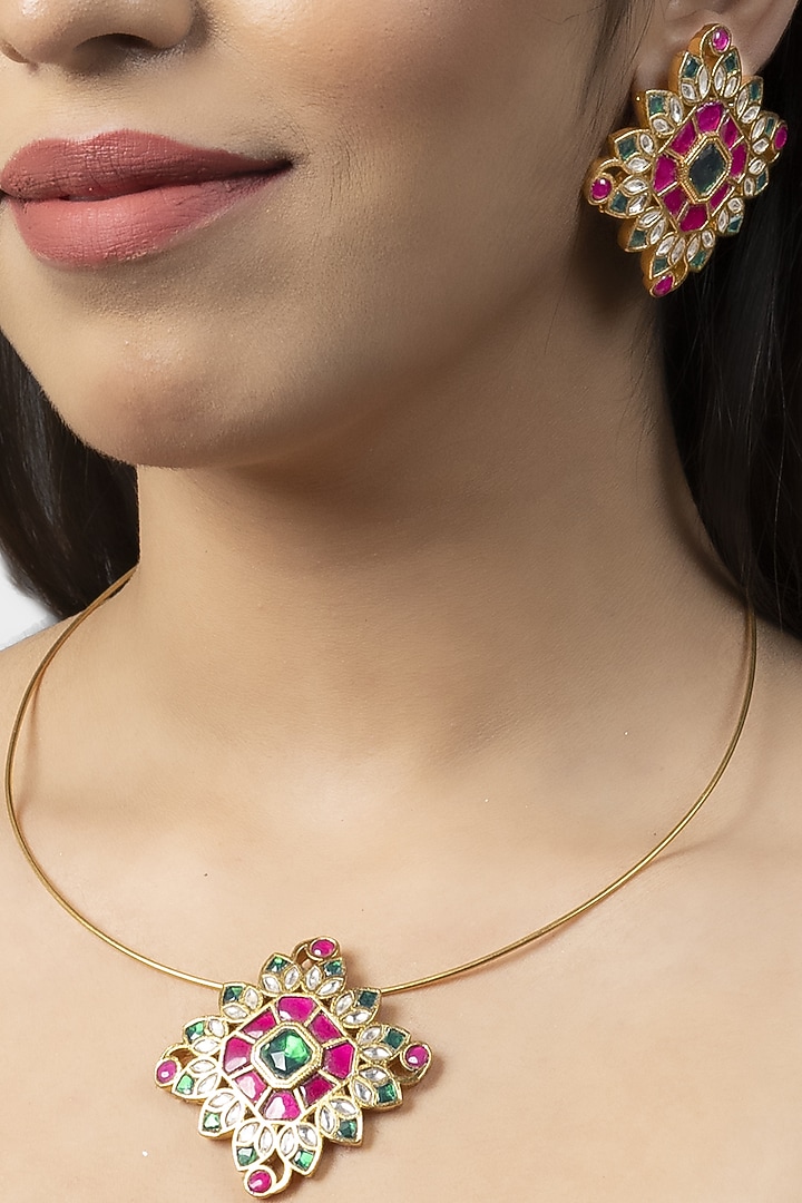 Gold Finish Pink Kundan Polki Necklace Set by Aura Trends at Pernia's Pop Up Shop