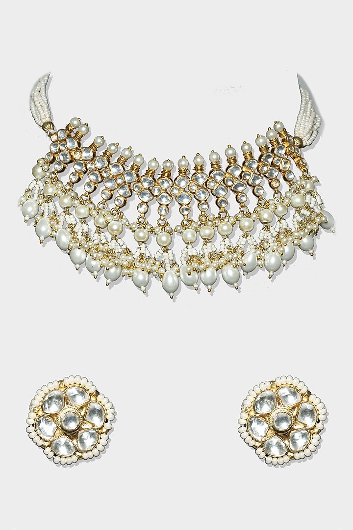 Gold Finish Kundan Polki Necklace Set by Auraa Trends at Pernia's Pop Up Shop