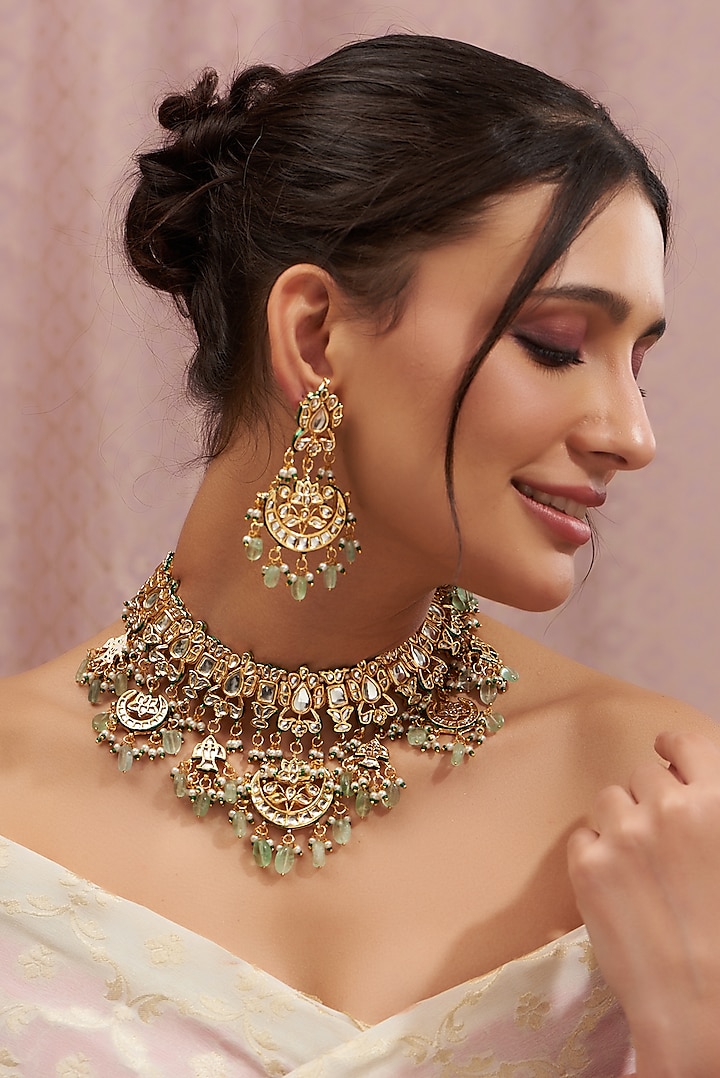 Gold Plated Kundan Polki Handcrafted Necklace Set by Auraa Trends