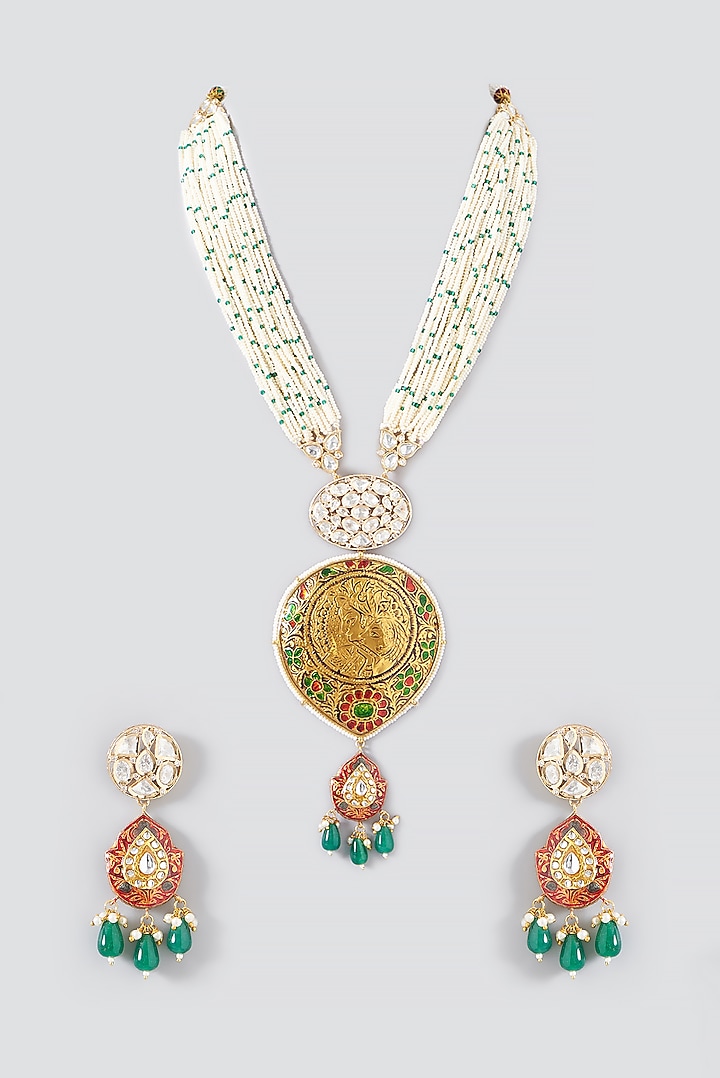 Gold Plated Kundan Polki & Red Stones Handcrafted Choker Necklace Set by Aura Trends at Pernia's Pop Up Shop