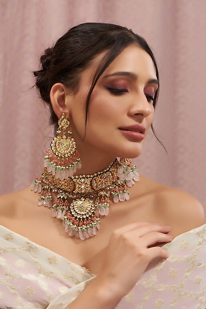 Gold Plated Kundan Polki & Multi-Colored Stones Handcrafted Necklace Set by Auraa Trends