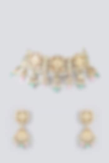 Gold Plated Kundan Polki & Pink Stones Handcrafted Necklace Set by Auraa Trends