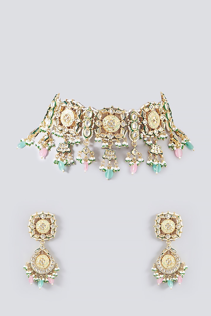 Gold Plated Kundan Polki & Pink Stones Handcrafted Necklace Set by Auraa Trends