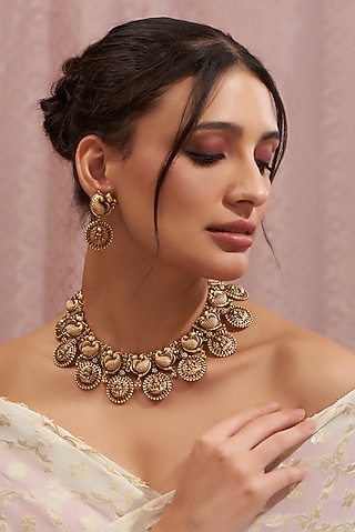 Gold Plated Kundan Polki & Red Stones Handcrafted Necklace Set by Aura Trends