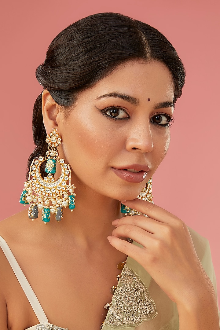 Gold Finish Kundan Polki & Green Beaded Chandbali Earrings by Auraa Trends at Pernia's Pop Up Shop