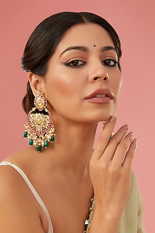 Gold Finish Kundan Polki & Red Stone Handcrafted Chandbali Earrings by Aura Trends