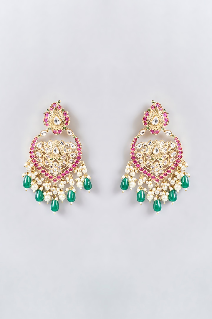 Gold Finish Kundan Polki & Red Stone Handcrafted Chandbali Earrings by Aura Trends at Pernia's Pop Up Shop