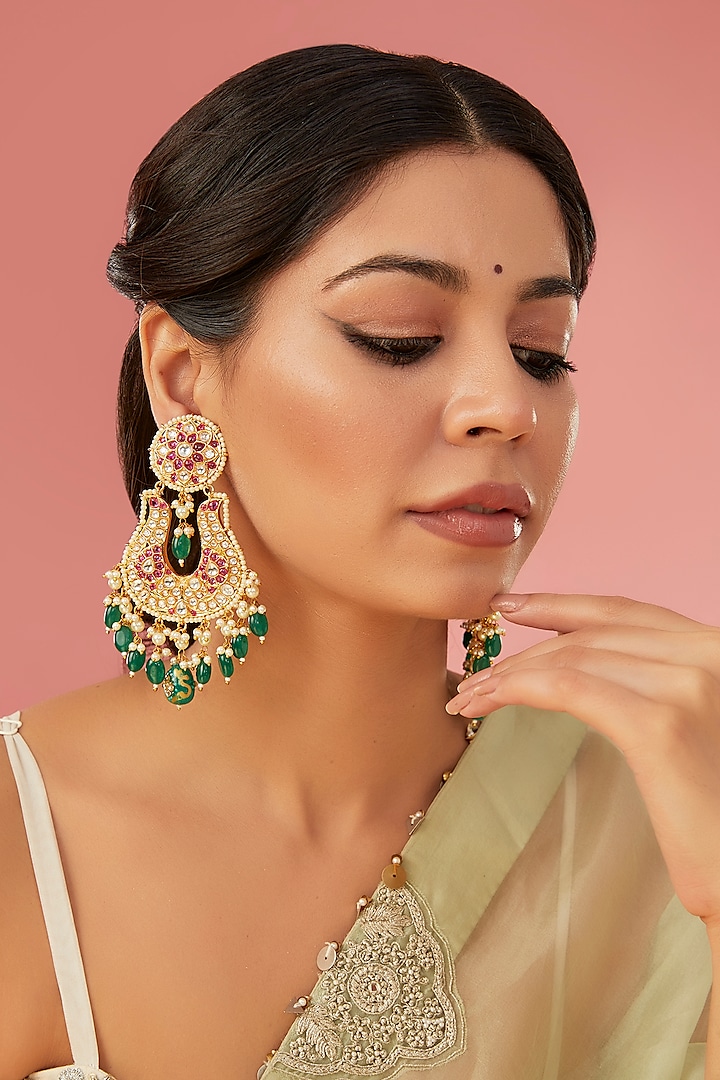 Gold Finish Red Kundan Polki Chandbali Earrings by Auraa Trends at Pernia's Pop Up Shop