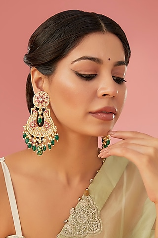 Gold Finish Red Kundan Polki Chandbali Earrings by Aura Trends
