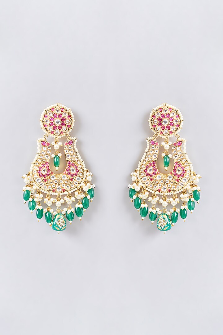 Gold Finish Red Kundan Polki Chandbali Earrings by Aura Trends at Pernia's Pop Up Shop
