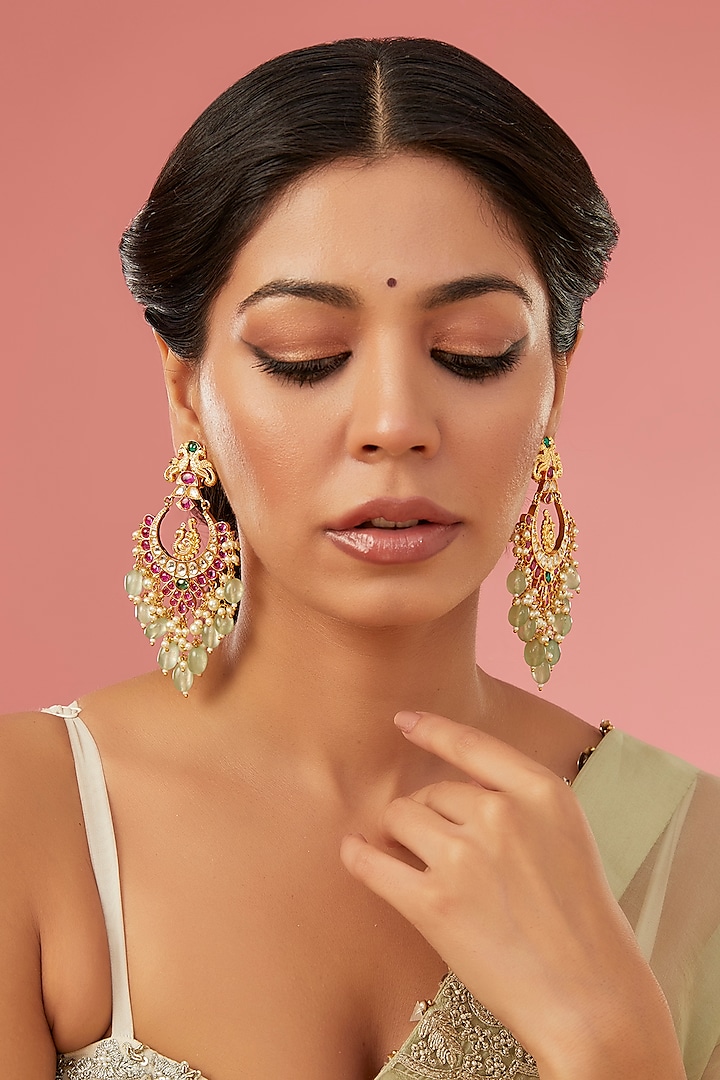 Gold Finish Kundan Polki & Red Carved Stone Chandbali Earrings by Auraa Trends at Pernia's Pop Up Shop