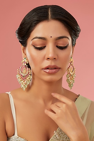 Gold Finish Kundan Polki & Red Carved Stone Chandbali Earrings by Aura Trends