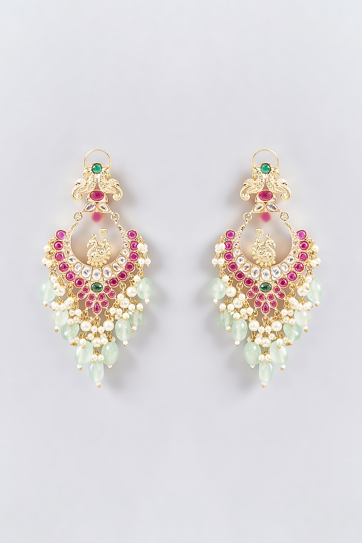 Gold Finish Kundan Polki & Red Carved Stone Chandbali Earrings by Aura Trends at Pernia's Pop Up Shop