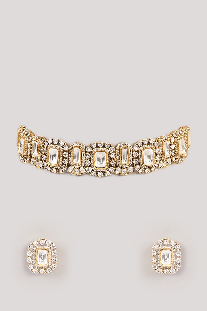 Gold Finish Kundan Polki & Beaded Choker Necklace Set by Aura Trends at Pernia's Pop Up Shop