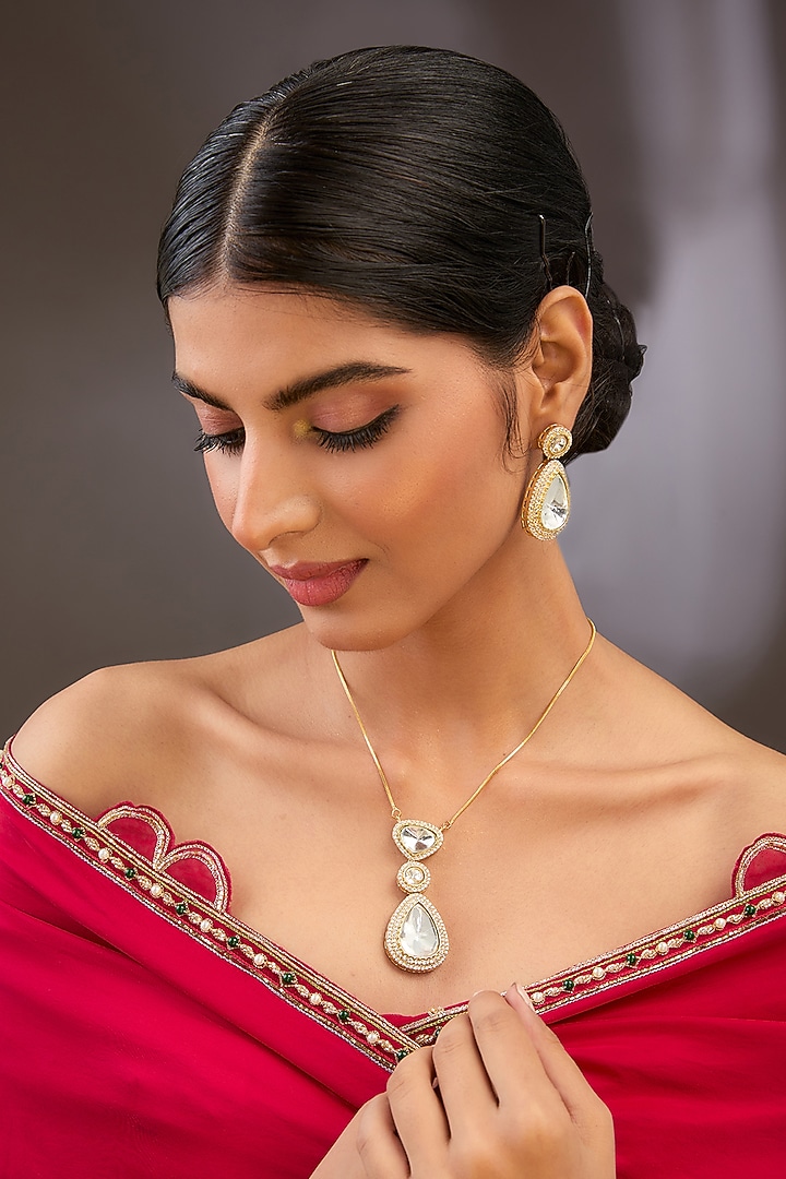Gold Finish Kundan Polki Long Necklace Set by Aura Trends at Pernia's Pop Up Shop