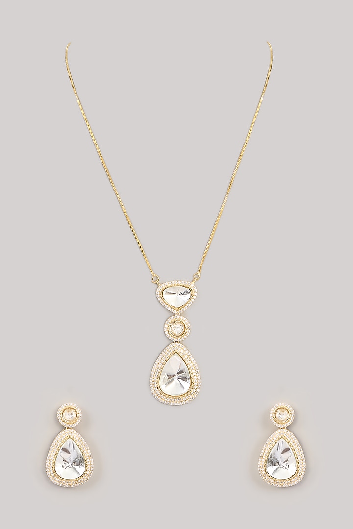 Gold Finish Kundan Polki Long Necklace Set by Aura Trends at Pernia's Pop Up Shop