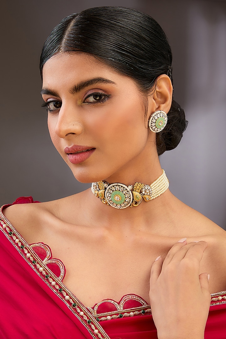 Gold Finish Green Kundan Polki Choker Necklace Set by Auraa Trends at Pernia's Pop Up Shop