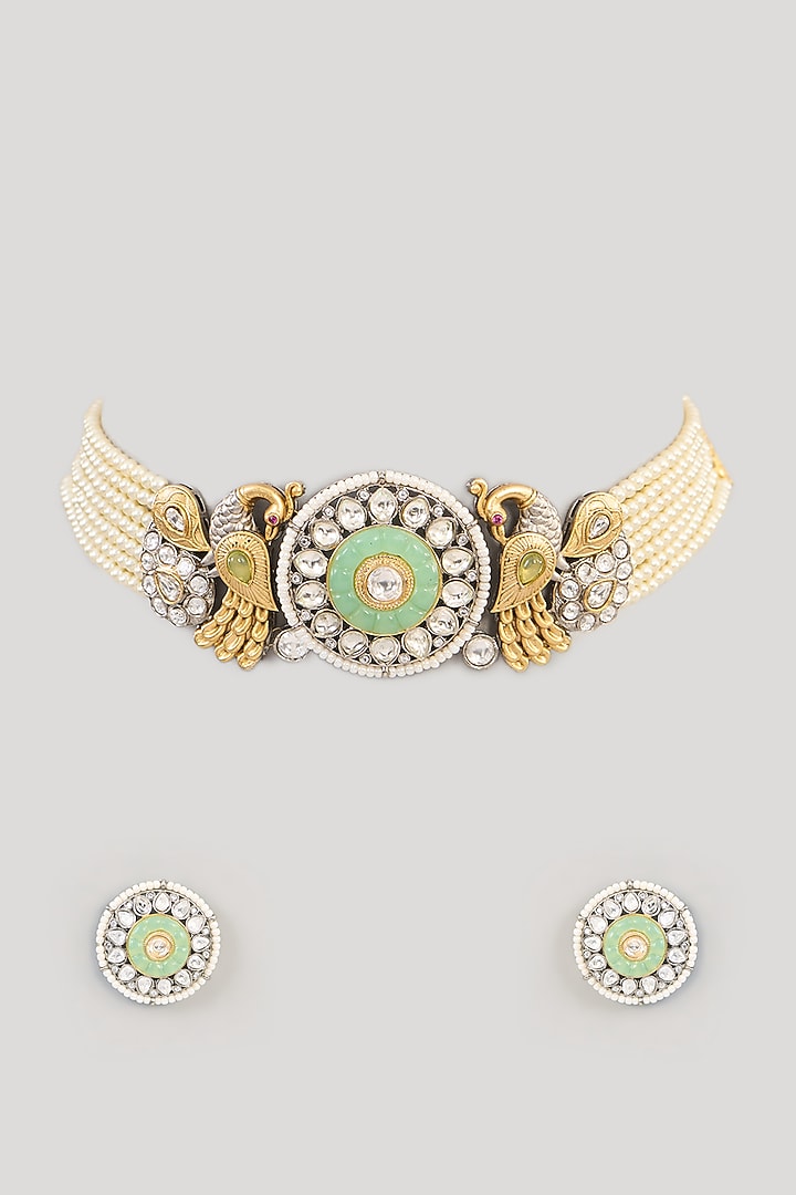 Gold Finish Green Kundan Polki Choker Necklace Set by Aura Trends at Pernia's Pop Up Shop