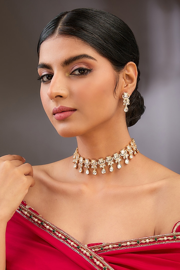 Gold Finish Kundan Polki & Pearl Beaded Necklace Set by Aura Trends at Pernia's Pop Up Shop