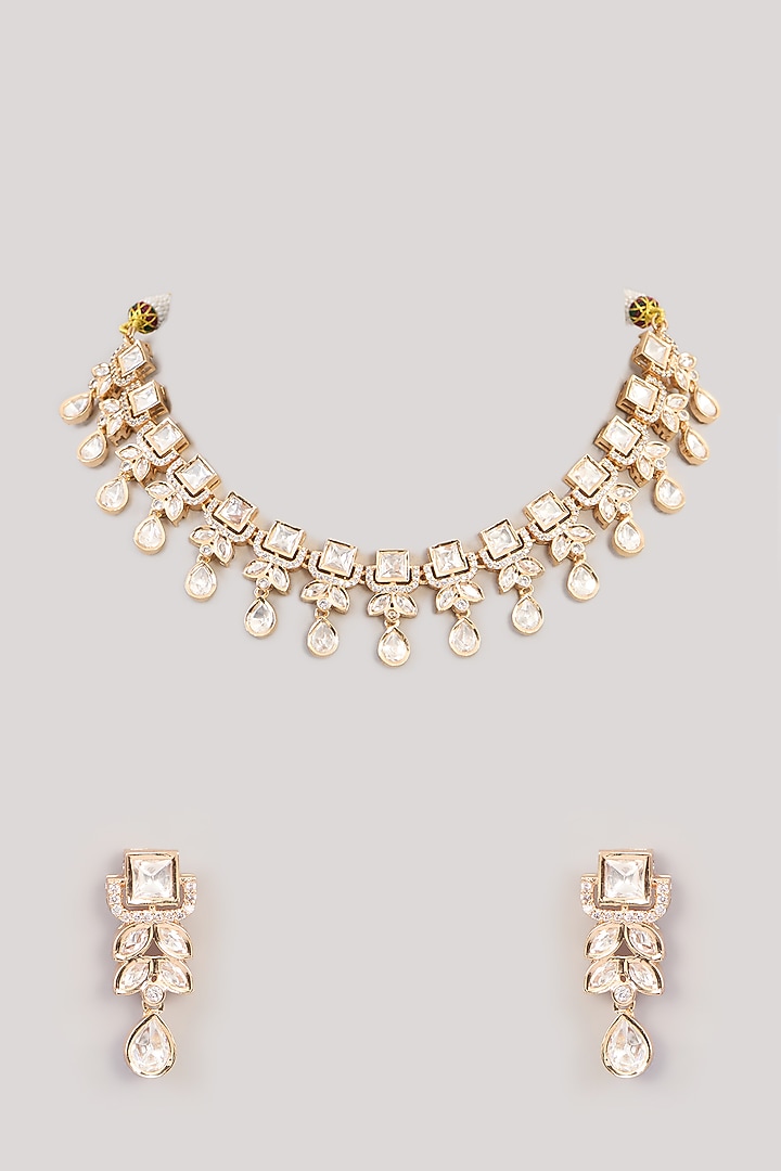 Gold Finish Kundan Polki & Pearl Beaded Necklace Set by Aura Trends at Pernia's Pop Up Shop