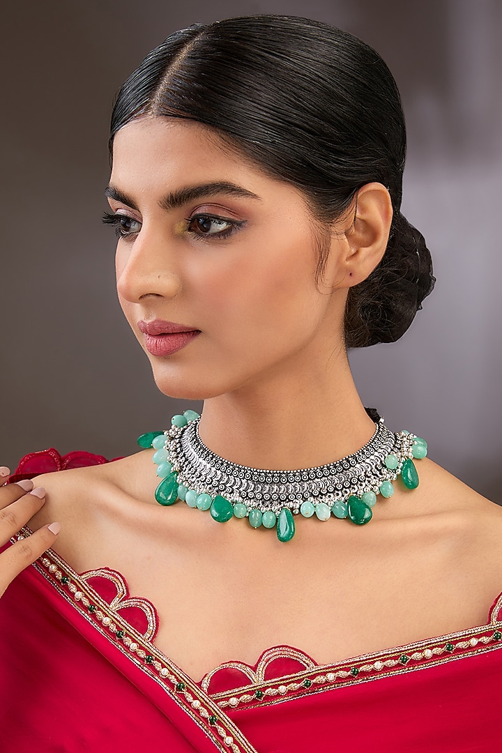 Oxidised Silver Finish Kundan Polki & Green Stone Necklace by Auraa Trends at Pernia's Pop Up Shop