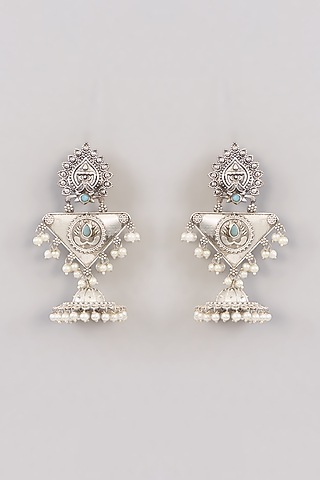 Oxidised Silver Finish Kundan Polki & Beaded Chandbali Earrings by Aura Trends