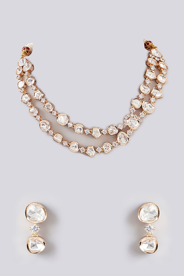 Gold Finish Kundan Polki Layered Necklace Set by Aura Trends at Pernia's Pop Up Shop