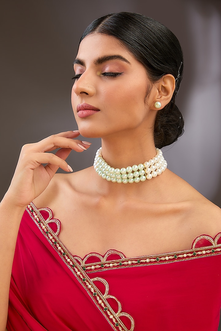 Gold Finish Pearl Beaded Necklace Set by Auraa Trends at Pernia's Pop Up Shop