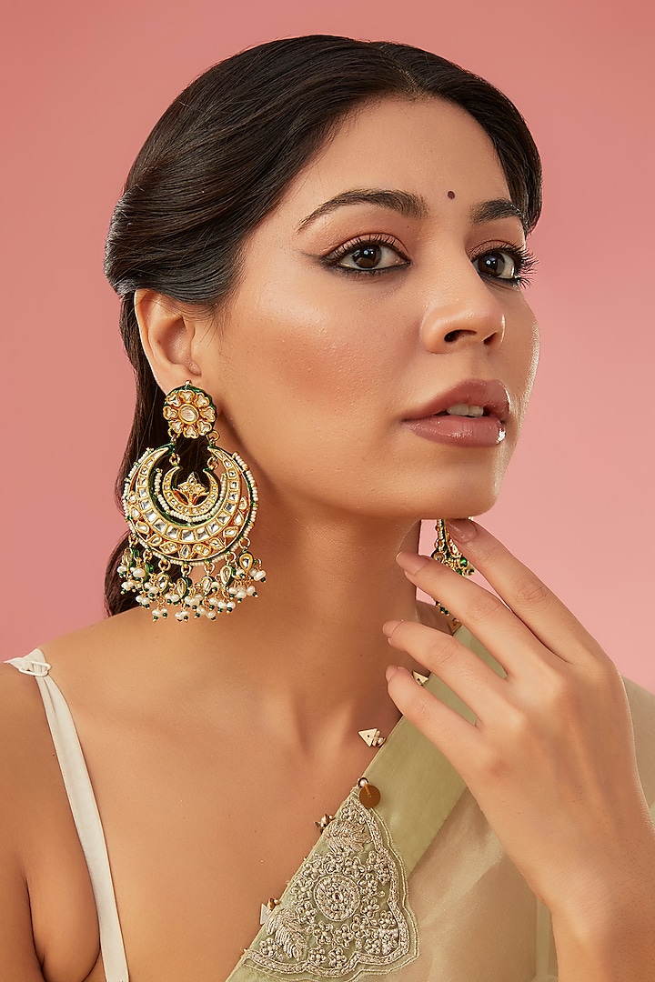 Gold Finish Kundan Polki Chandbali Earrings by Auraa Trends at Pernia's Pop Up Shop