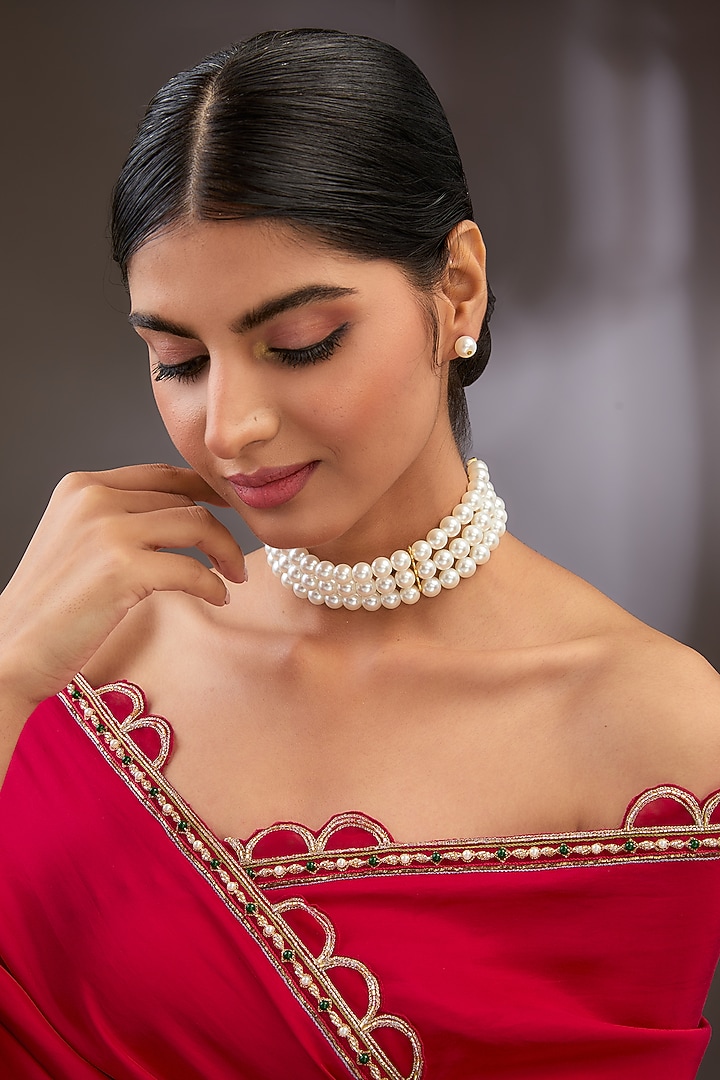 Gold Finish Pearl Beaded Necklace Set by Aura Trends at Pernia's Pop Up Shop