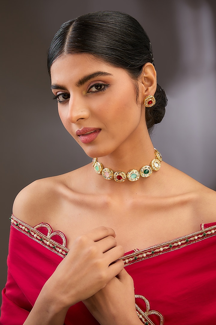 Gold Finish Kundan Polki & Beaded Choker Necklace Set by Aura Trends at Pernia's Pop Up Shop