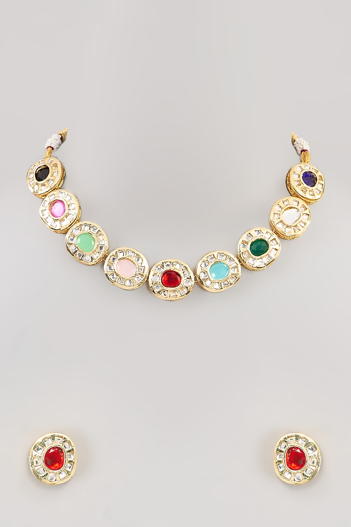 Gold Finish Kundan Polki & Beaded Choker Necklace Set by Aura Trends at Pernia's Pop Up Shop