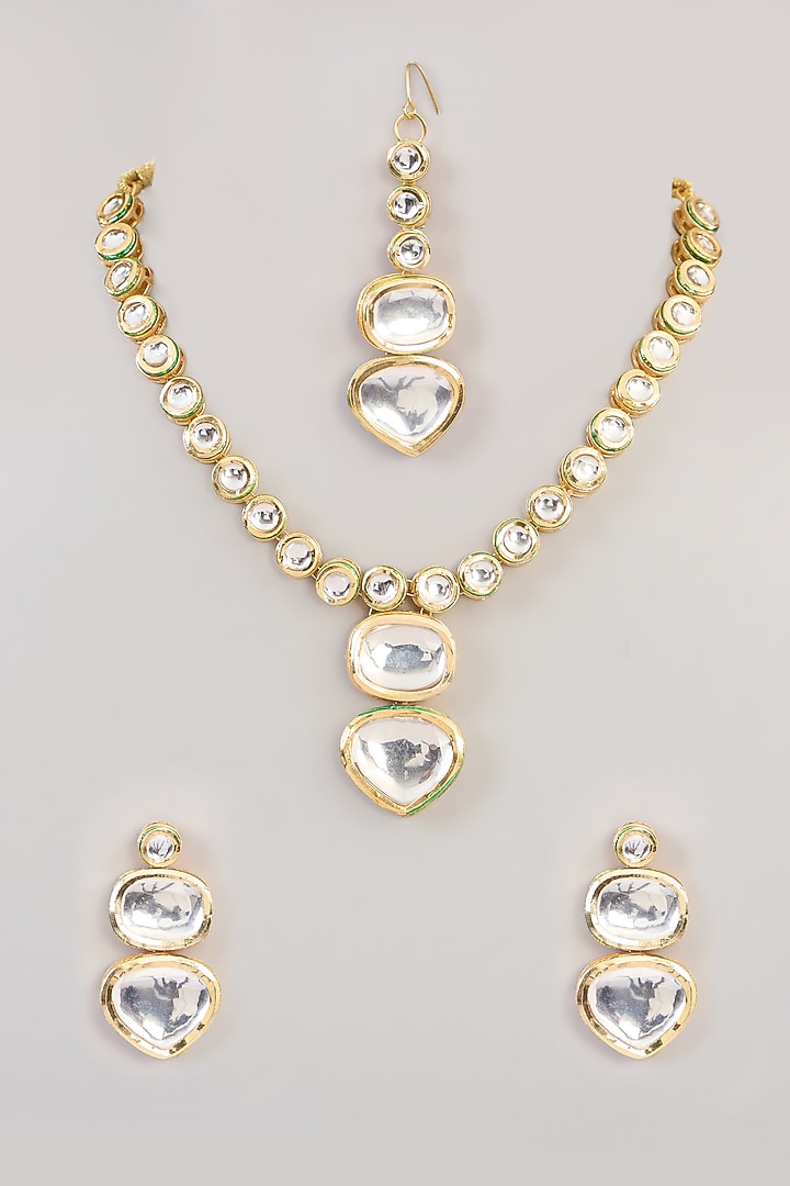 Gold Finish Kundan Polki Long Necklace Set by Aura Trends at Pernia's Pop Up Shop