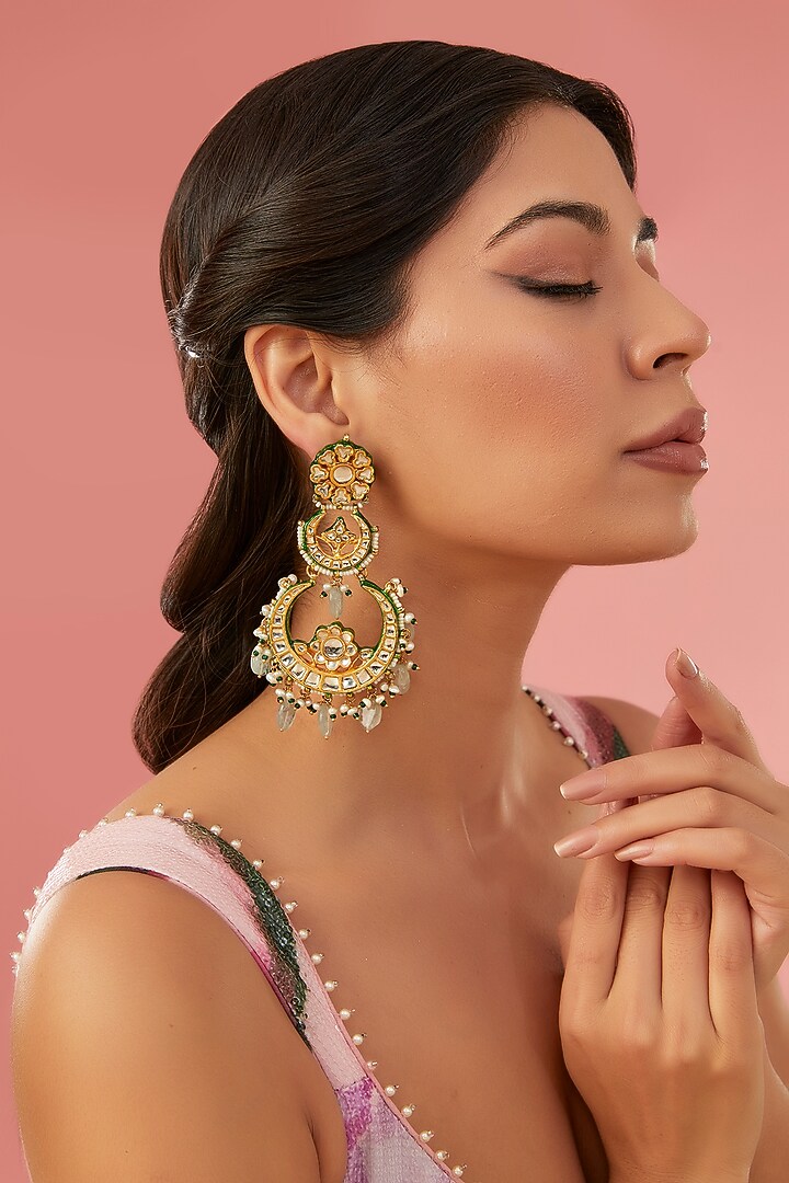 Gold Finish Kundan Polki Chandbali Earrings by Aura Trends at Pernia's Pop Up Shop