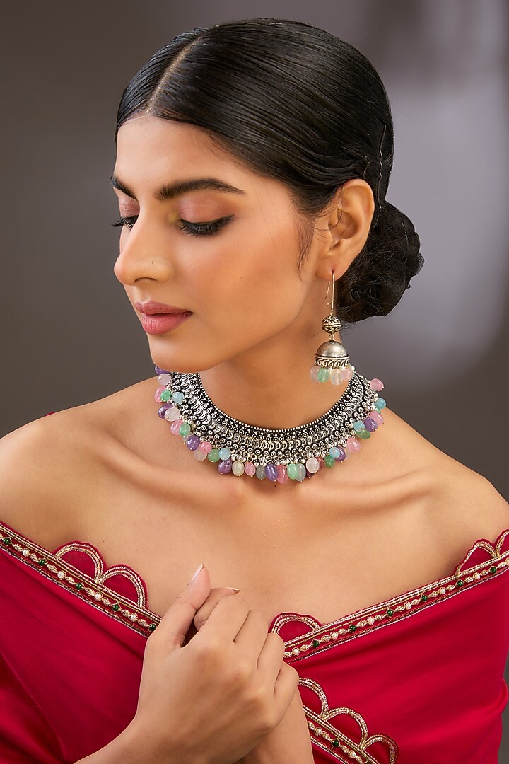 Black Rhodium Finish Kundan Polki Choker Necklace Set by Aura Trends at Pernia's Pop Up Shop
