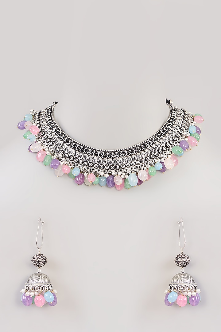 Black Rhodium Finish Kundan Polki Choker Necklace Set by Aura Trends at Pernia's Pop Up Shop