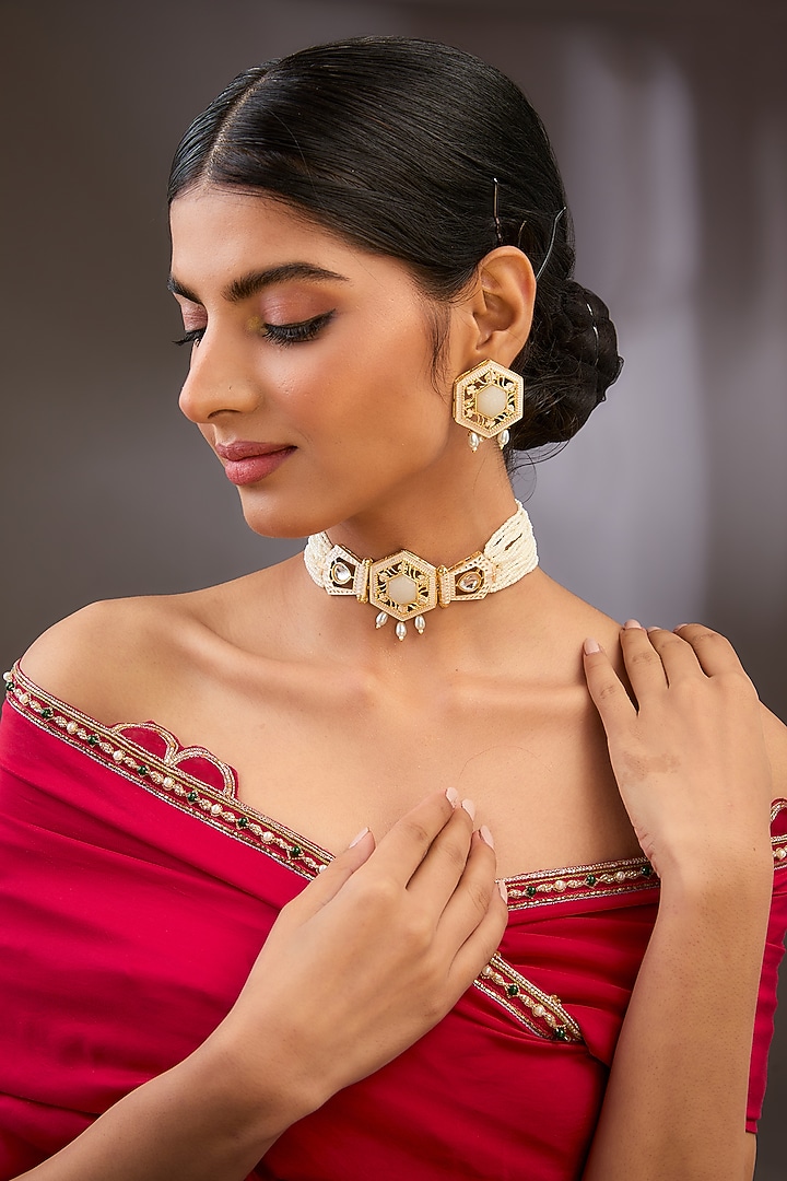 Gold Finish Kundan Polki & Beaded Choker Necklace Set by Aura Trends at Pernia's Pop Up Shop