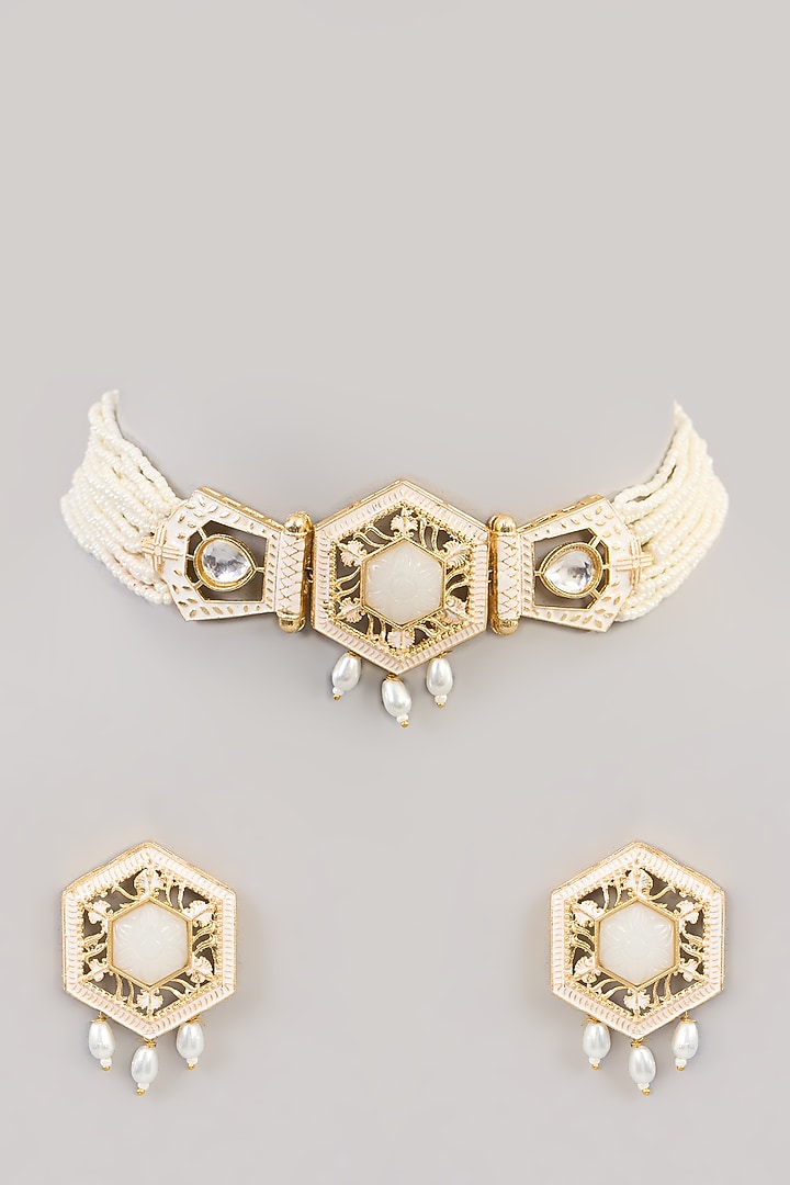 Gold Finish Kundan Polki & Beaded Choker Necklace Set by Aura Trends at Pernia's Pop Up Shop